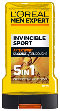 Vorderseite der gelben 250 ml Flasche des L'Oréal Men Expert Invincible Sport After Sport Duschgels.