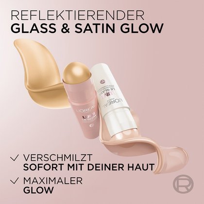 zwei Produkte der Lumi Highlighter Stick Reihe mit Liste mit zwei Produktvorteilen