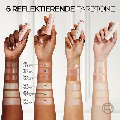 Vier nach oben gestreckte Unterarme mit Produktproben aller Nuancen und deren Händen vier Lumi Highlighter Sticks