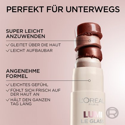 Perfekt für unterwegs - Lumi Le Glass Highlighter Stick 610 Pearl Eclat in Detailansicht & zweier Produktvorteile als Liste