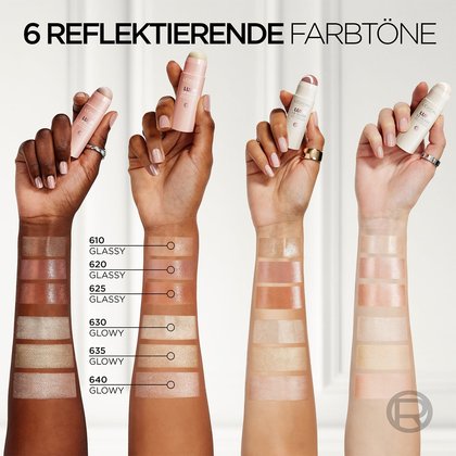 Vier nach oben gestreckte Unterarme mit Produktproben aller Nuancen und deren Händen vier Lumi Highlighter Sticks