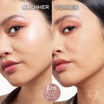 Anwendungsbeispiel mittels zweier Gesichtsausschnitte einer jungen Frau als vorher/nachher Vergleich