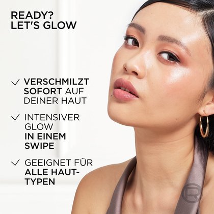 Junge Frau mit Make-up neben Liste mit Produktvorteilen und Ready Let's Glow