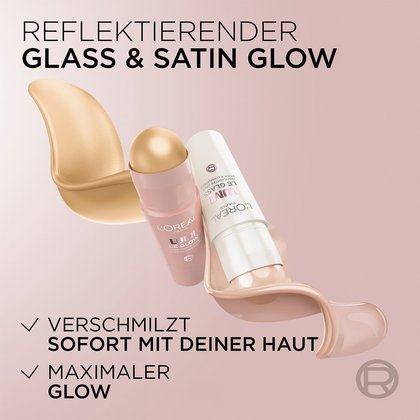 Zwei Produkte der Lumi Highlighter Stick Reihe mit Liste mit zwei Produktvorteilen