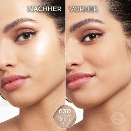 Anwendungsbeispiel mittels zweier Gesichtsausschnitte einer jungen Frau als vorher/nachher Vergleich