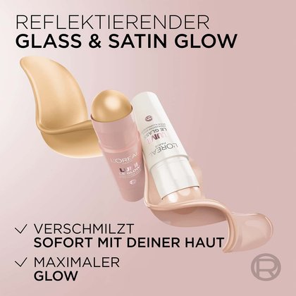 Zwei Produkte der Lumi Highlighter Stick Reihe mit Liste mit zwei Produktvorteilen
