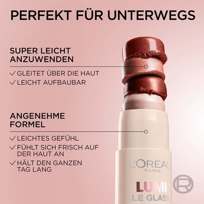 Perfekt für unterwegs - Lumi Le Glow Highlighter Stick 635 Golden Couture in Detailansicht & zweier Produktvorteile als Liste