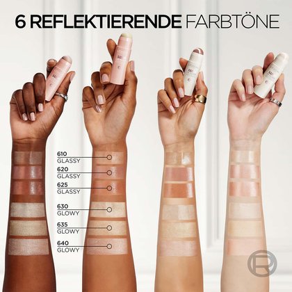 Vier nach oben gestreckte Unterarme mit Produktproben aller Nuancen und deren Händen vier Lumi Highlighter Sticks