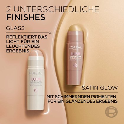 2 unterschiedliche Finishes - je ein Lumi Le Glass & Le Glass Highlighter Stick mit deren Produktdetails aufgelistet