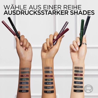 Hochpigmentierte Swatches der 5 Nuancen auf verschiedenen Hauttönen für sichtbare Farbtreue.