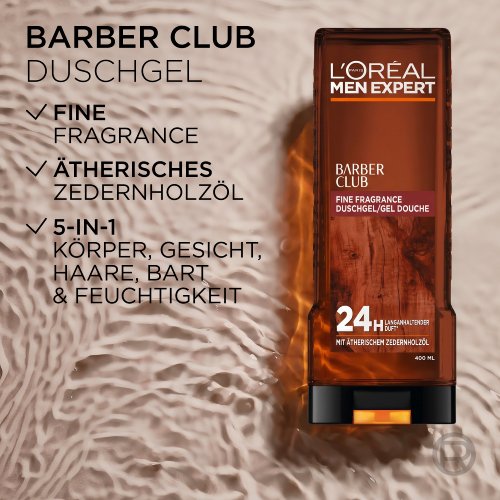 Barber Club Duschgel 400ml vor welligem Wasserhintergrund.