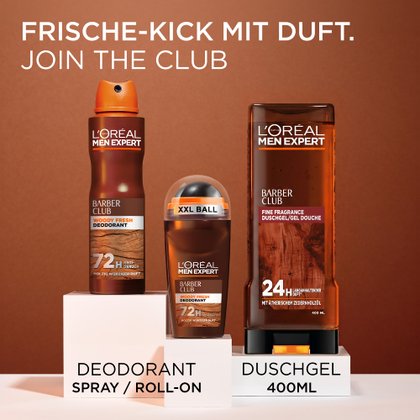 Sortiment aus Barber Club Deospray, Deoroller und Duschgel 400ml.