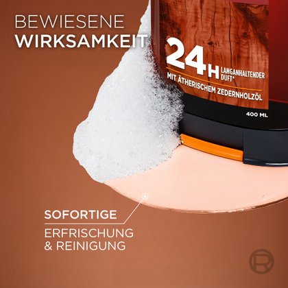 Cremiges Duschgel mit weißem Schaum neben einer 400ml Flasche.