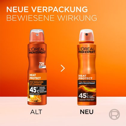 Vergleich neue und alte Verpackung des Men Expert Heat Protect 72H Protection Deosprays