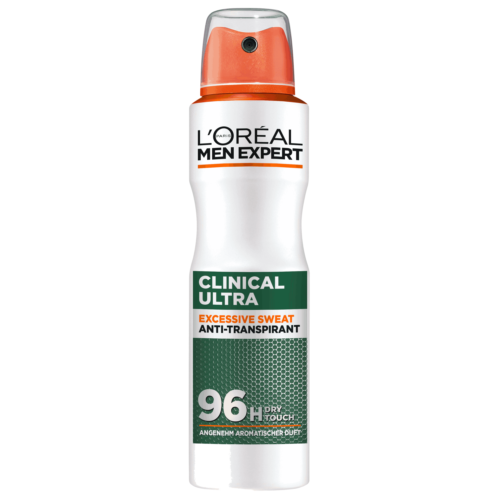 L'Oréal Men Expert Clinical Ultra Anti-Transpirant Spray gegen exzessives Schwitzen, 96 Stunden Schutz, weiße Flasche mit orangefarbener Sprühkappe und grünem Etikett
