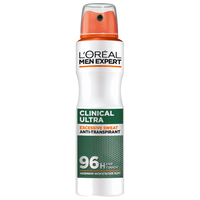 L'Oréal Men Expert Clinical Ultra Anti-Transpirant Spray gegen exzessives Schwitzen, 96 Stunden Schutz, weiße Flasche mit orangefarbener Sprühkappe und grünem Etikett