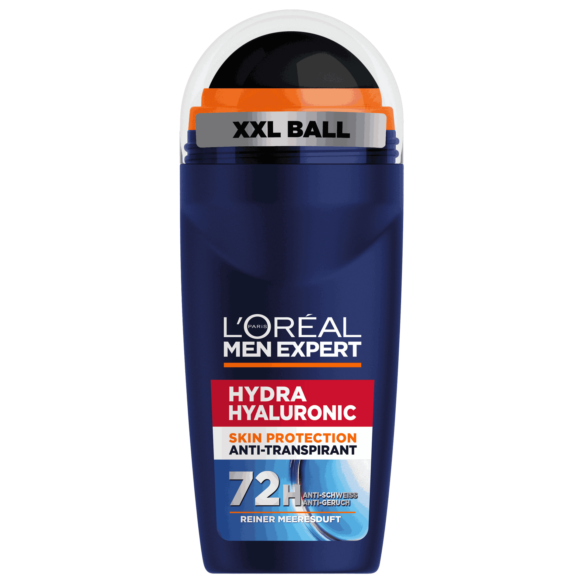 L'Oréal Men Expert Hydra Hyaluronic Anti-Transpirant Deo Roll-On mit XXL Ball, 72H Schutz gegen Schweiß und Geruch, Duft Reiner Meeresduft, dunkelblaue Verpackung