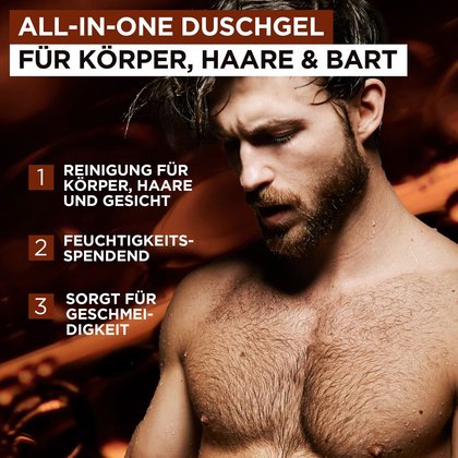 Text: All-in-One Duschgel für Körper, Haare & Bart; daneben Mann mit Bart & 3 Produktvoreteile aufgelstet