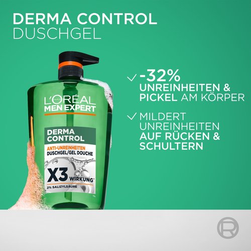 Werbegrafik für das Derma Control 1L Duschgel vor grünem Hintergrund. Links steht die große Pumpflasche mit leichtem Schaum am Flaschenrand, rechts daneben sind die beiden Wirksamkeitsversprechen zur Reduzierung von Unreinheiten am Körper aufgelistet.