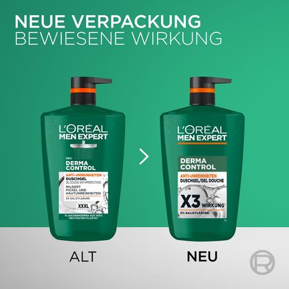 Vorher-Nachher-Vergleichsgrafik für die XXL-Flasche vor grünem Hintergrund mit dem Titel „NEUE VERPACKUNG – BEWIESENE WIRKUNG“. Ein weißer Pfeil zeigt von der alten 1L-Flasche (links, XXXL-Größe mit Duschkopf-Symbol) zur neuen, moderneren 1L-Pumpflasche des Derma Control Duschgels (rechts).
