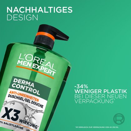 Produktgrafik zur Nachhaltigkeit vor grünem Hintergrund. Links ist der obere Teil der grünen 1L-Flasche mit schwarzem Pumpspender zu sehen, rechts daneben steht der Text: „-34% WENIGER PLASTIK BEI DIESER NEUEN VERPACKUNG*“ mit der Fußnote „*Im Vergleich zur Verpackung von 4x 250 ml“.