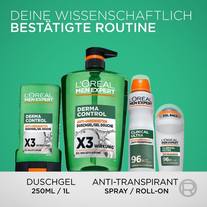 Produktpräsentation der wissenschaftlich bestätigten Routine vor grünem Hintergrund. Auf einem weißen Podest stehen das 250ml Duschgel, das 1L Duschgel, das Clinical Ultra Deospray sowie der Roll-on. Oben steht: „DEINE WISSENSCHAFTLICH BESTÄTIGTE ROUTINE“ und unten die Beschriftung „DUSCHGEL 250ML / 1L“ und „ANTI-TRANSPIRANT SPRAY / ROLL-ON“.