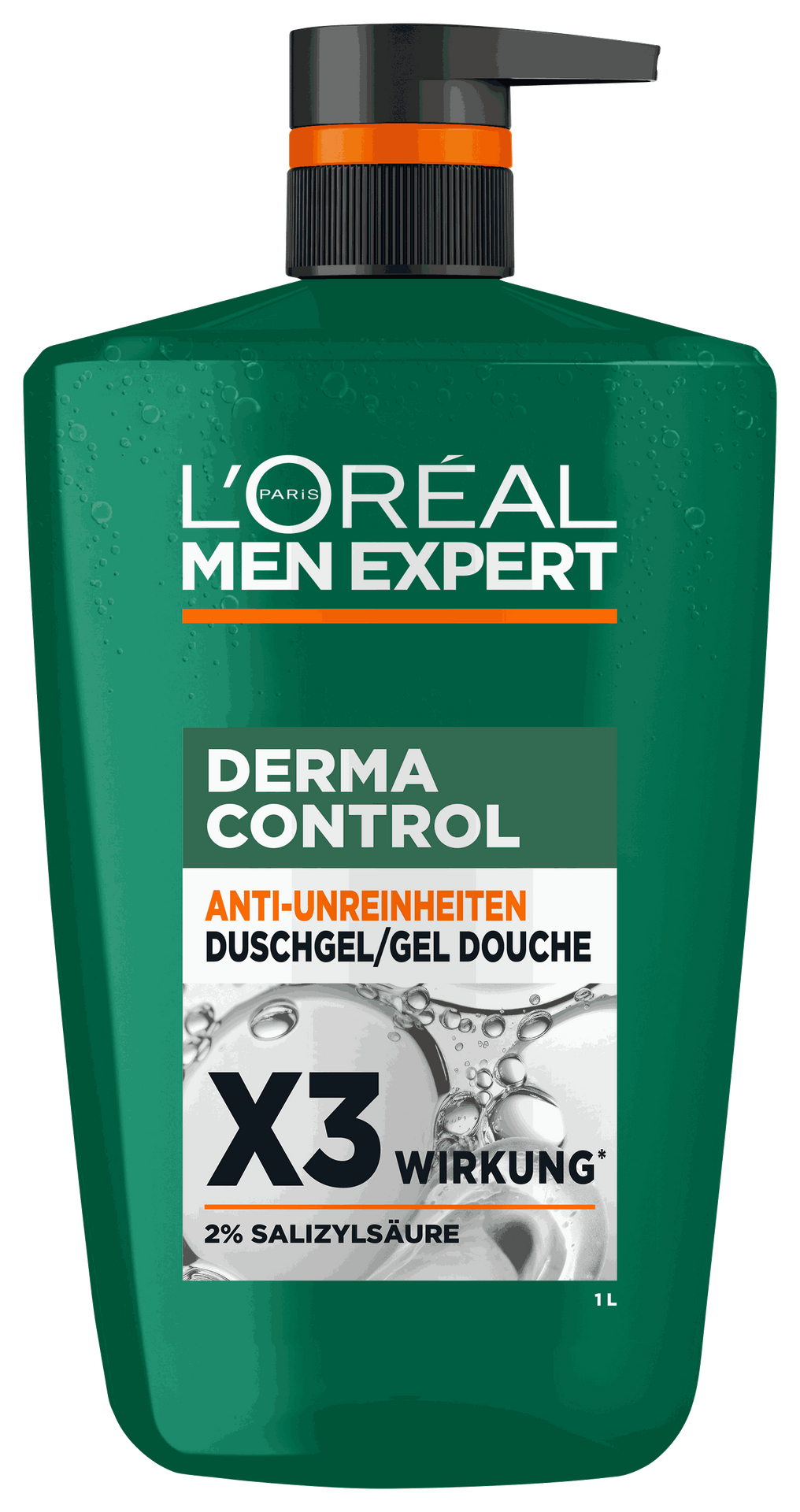 Freigestellte Frontalansicht der großen, grünen 1-Liter-Flasche des „L'Oréal Men Expert Derma Control Duschgels“ mit schwarzem Pumpspender auf weißem Hintergrund. Das Etikett zeigt das „X3 WIRKUNG“-Logo mit 2% Salizylsäure und die Inhaltsangabe „1 L“ unten rechts.