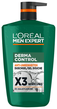 Freigestellte Frontalansicht der großen, grünen 1-Liter-Flasche des „L'Oréal Men Expert Derma Control Duschgels“ mit schwarzem Pumpspender auf weißem Hintergrund. Das Etikett zeigt das „X3 WIRKUNG“-Logo mit 2% Salizylsäure und die Inhaltsangabe „1 L“ unten rechts.