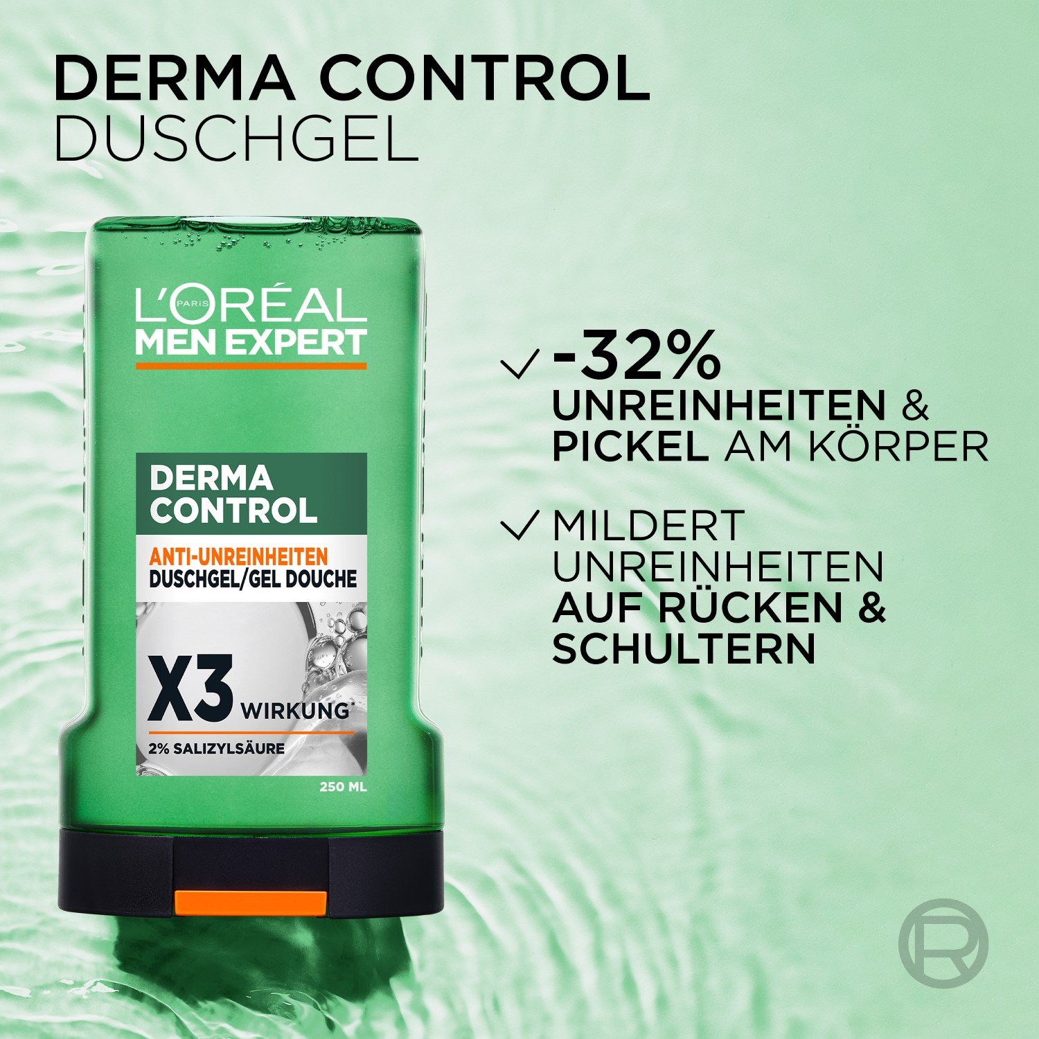Werbegrafik für das Derma Control Duschgel vor einem hellgrünen Wasser-Hintergrund. Links steht die Produktflasche im Fokus, rechts daneben sind zwei Wirksamkeitsversprechen aufgelistet: „✓ -32% UNREINHEITEN & PICKEL AM KÖRPER“ und „✓ MILDERT UNREINHEITEN AUF RÜCKEN & SCHULTERN“.