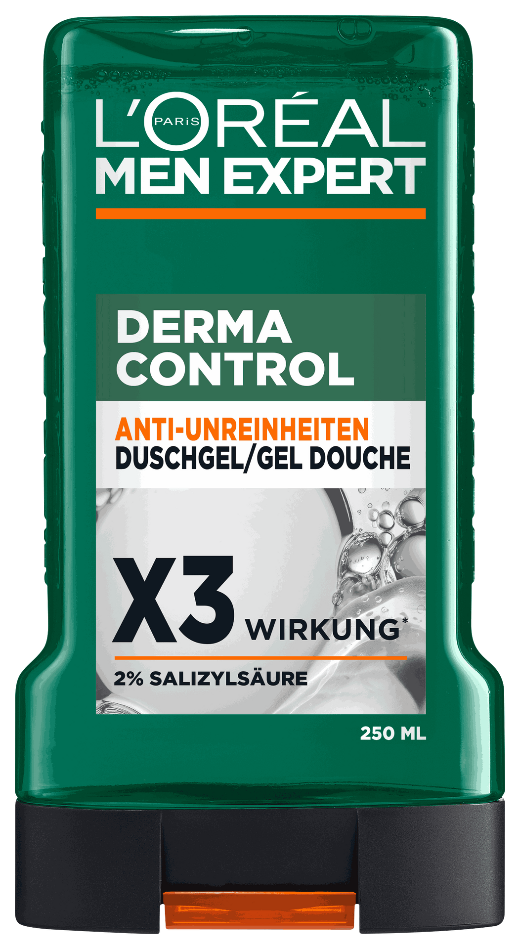 Freigestellte Frontalansicht der grünen Flasche des „L'Oréal Men Expert Derma Control Duschgels“ (250 ml) mit schwarzem Verschluss und orangefarbenem Klappdeckel auf weißem Hintergrund. Das Etikett zeigt den Produktnamen auf dunkelgrünem Grund sowie den weißen Schriftzug „X3 WIRKUNG“ mit dem Zusatz „2% SALIZYLSÄURE“.