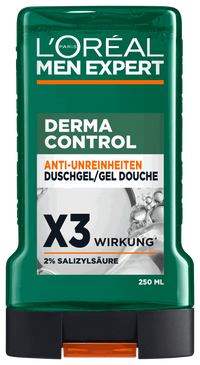 Freigestellte Frontalansicht der grünen Flasche des „L'Oréal Men Expert Derma Control Duschgels“ (250 ml) mit schwarzem Verschluss und orangefarbenem Klappdeckel auf weißem Hintergrund. Das Etikett zeigt den Produktnamen auf dunkelgrünem Grund sowie den weißen Schriftzug „X3 WIRKUNG“ mit dem Zusatz „2% SALIZYLSÄURE“.