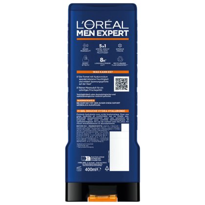 Rückseite der L'Oréal Men Expert Hydra Hyaluronic Duschgelflasche (400 ml) mit detaillierten Anwendungshinweisen, den Produkteigenschaften („5in1 Körper, Gesicht, Haare, Bart, Feuchtigkeit“), einem QR-Code, Warnhinweisen sowie der vollständigen Liste der Inhaltsstoffe (Ingredients).