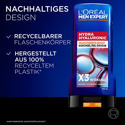 Produktgrafik zum Umweltschutz vor blauem Hintergrund. Links steht der weiße Text „NACHHALTIGES DESIGN – ✓ RECYCELBARER FLASCHENKÖRPER – ✓ HERGESTELLT AUS 100% RECYCELTEM PLASTIK*“. Rechts daneben ist die obere Hälfte des Hydra Hyaluronic Duschgels abgebildet.