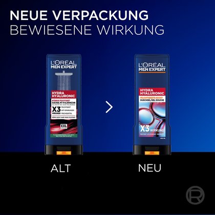 Vorher-Nachher-Vergleichsgrafik vor blauem Hintergrund mit dem Titel „NEUE VERPACKUNG – BEWIESENE WIRKUNG“. Ein weißer Pfeil zeigt von der alten Verpackung (XXL-Größe mit Duschkopf-Symbol, links) zur neuen, moderneren Verpackung des Hydra Hyaluronic Duschgels (rechts).