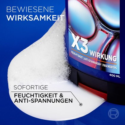 Werbebild zur Textur des Produkts. Unten links ist ein weißer Klecks des cremigen Duschgels mit weißem Schaum abgebildet, daneben steht der Text „SOFORTIGE FEUCHTIGKEIT & ANTI-SPANNUNGEN“. Im Hintergrund ist ein Ausschnitt der Duschgelflasche vor blauem Grund zu sehen unter der Überschrift: „BEWIESENE WIRKSAMKEIT“.