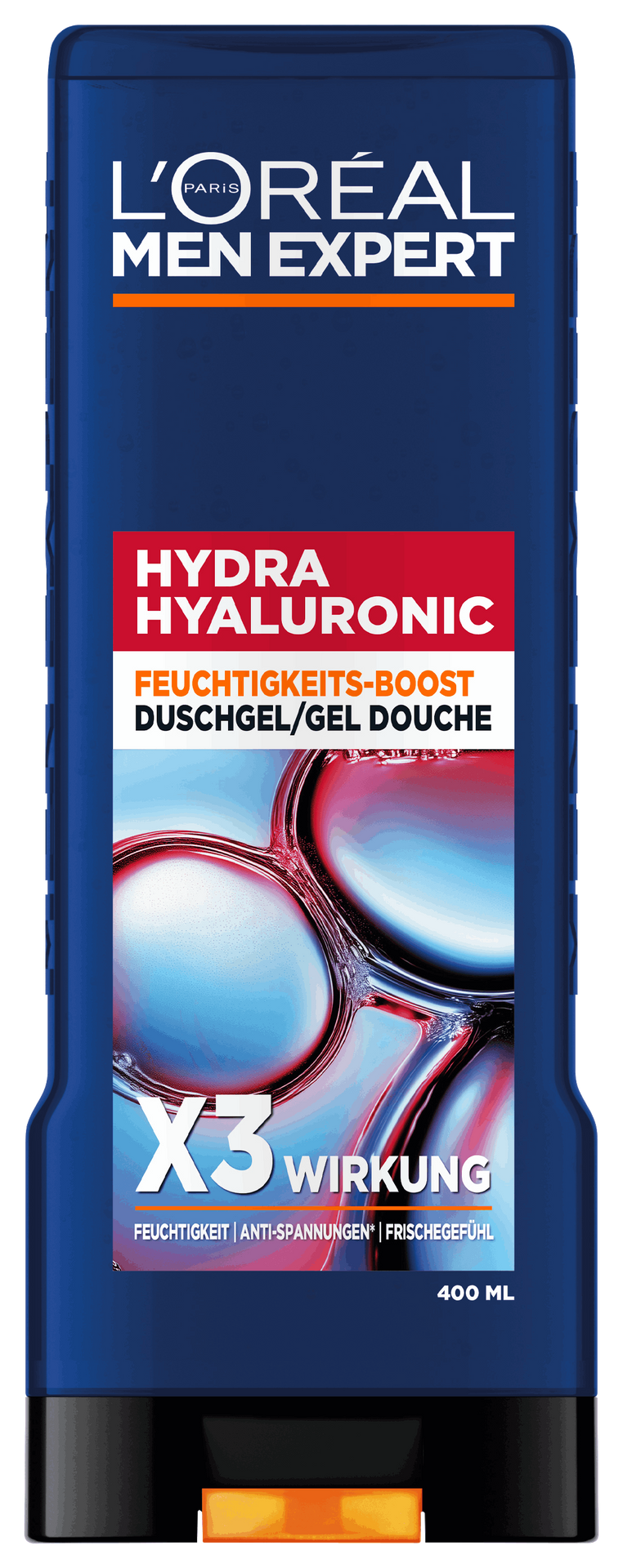 Freigestellte Frontalansicht der dunkelblauen Flasche des „L'Oréal Men Expert Hydra Hyaluronic Duschgels“ (400 ml) mit schwarzem Verschluss und orangefarbenem Klappdeckel auf weißem Hintergrund. Das Etikett zeigt den Produktnamen auf rotem Grund sowie den weißen Schriftzug „X3 WIRKUNG“ über einem Molekül-Design.