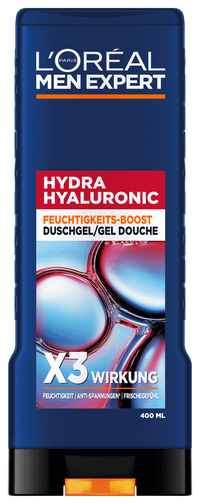 Freigestellte Frontalansicht der dunkelblauen Flasche des „L'Oréal Men Expert Hydra Hyaluronic Duschgels“ (400 ml) mit schwarzem Verschluss und orangefarbenem Klappdeckel auf weißem Hintergrund. Das Etikett zeigt den Produktnamen auf rotem Grund sowie den weißen Schriftzug „X3 WIRKUNG“ über einem Molekül-Design.
