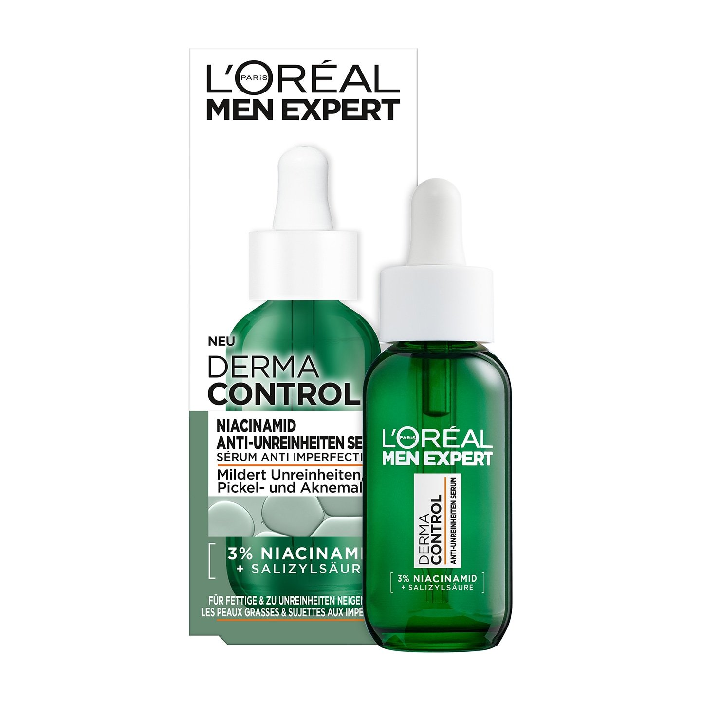 Derma Control Niacinamide Anti-Unreinheiten Serum - Produkt neben Verpackung