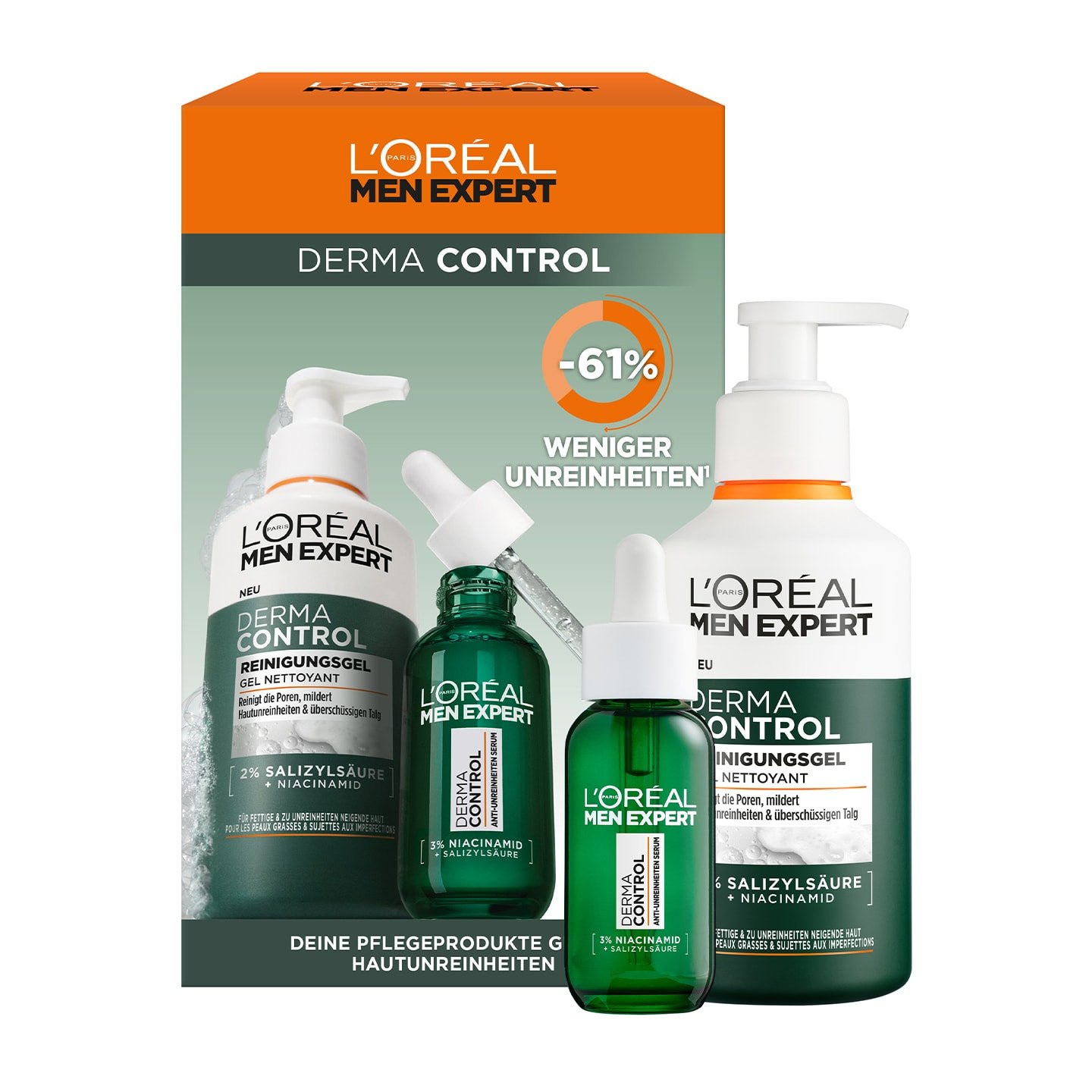 Derma Control Set: Reinigungsgel & Anti-Unreinheiten Serum Produkte und Verpackung