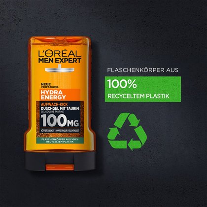 Hydra Energy Aufwach-Kick Duschgel mit Taurin mit Flaschenkörper aus 100% recyceltem Plastik