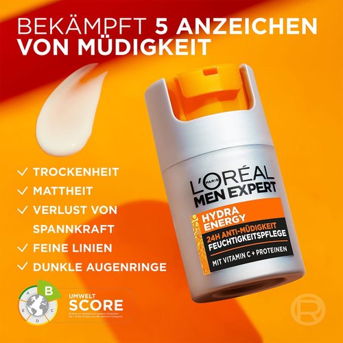 Text: Bekämpft 5 Anzeichen von Müdigkeit, darunter Produktabbildung & 6 Produktvorteile