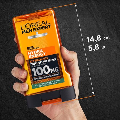 Hydra Energy Duschgel von einer hand gehalten mit Größenangaben