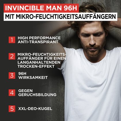 Text: Invincible Man 96H - mit Mikro-Feuchtigkeitsauffängern, darunter ein Mann mit Bart in weißem Shirt