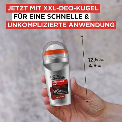 Deo von einer Hand gehalten, mit Größenangaben, darüber Text: Jetzt mit XXL-Deokugel für eine schnelle & unkomplizierte Anwendung