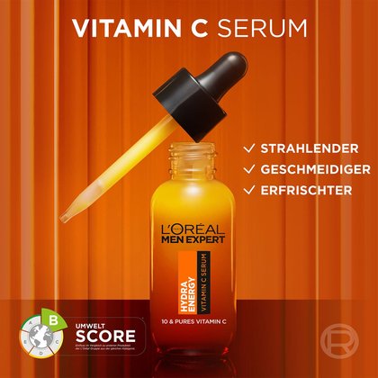 Vitamin C Serum - Produkt geöffnet mit Pipette & Liste mit 3 Produktvorteilen daneben