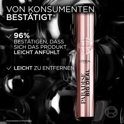 Paradise Big Deal Mascara Schwarz - Produkt vor dunklem Hintergrund mit Kundenaussagen