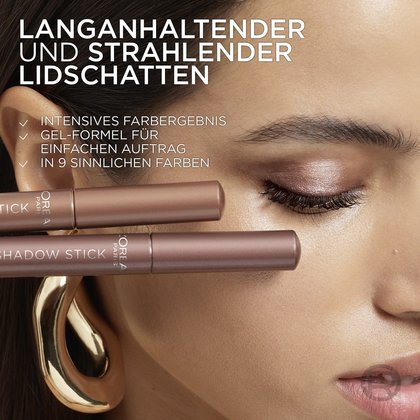 Gesichtsausschnitt einer jungen Frau mit zwei Le Shadow Eyelinern und Text - langanhaltender & strahlender Lidschatten