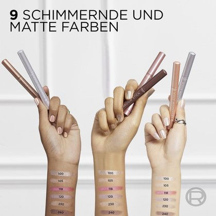 Überblick über die Produktreihe, Proben aller Nuancen auf drei Unterarmen junger Frauen die verschiedene Le Shadow Eyeliner in den Händen halten