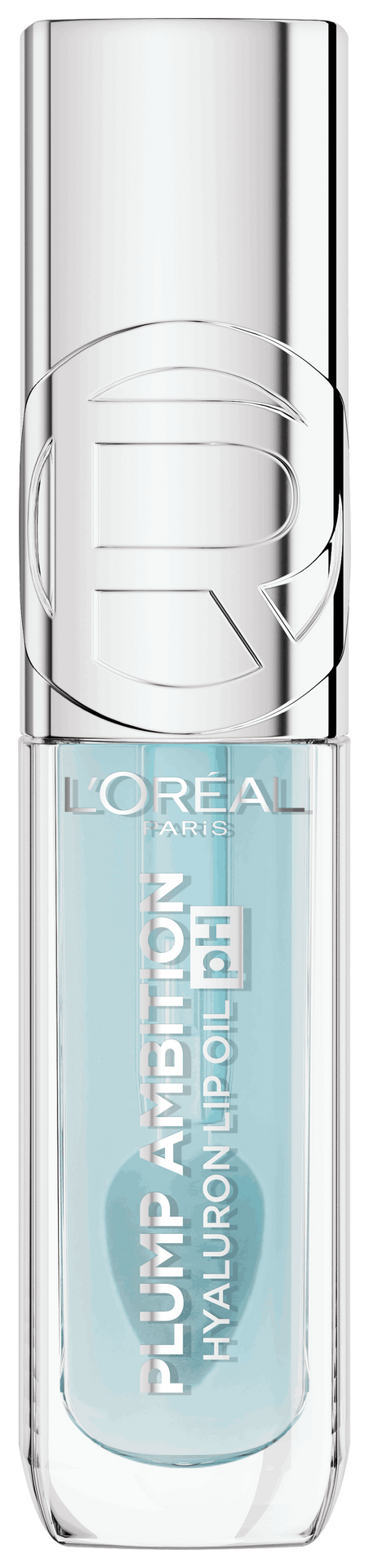 Freigestellte Produktabbildung der Vorderseite des „L'Oréal Paris Plump Ambition Hyaluron Lip Oil pH“ in der hellblauen Nuance vor weißem Hintergrund. Die eckige, transparente Flasche hat einen silbernen Verschluss mit eingeprägtem „R“-Logo. 