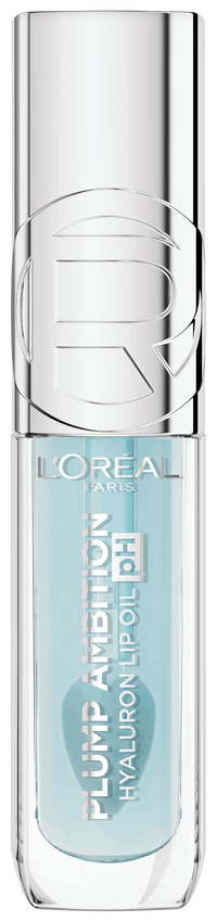 Freigestellte Produktabbildung der Vorderseite des „L'Oréal Paris Plump Ambition Hyaluron Lip Oil pH“ in der hellblauen Nuance vor weißem Hintergrund. Die eckige, transparente Flasche hat einen silbernen Verschluss mit eingeprägtem „R“-Logo. 